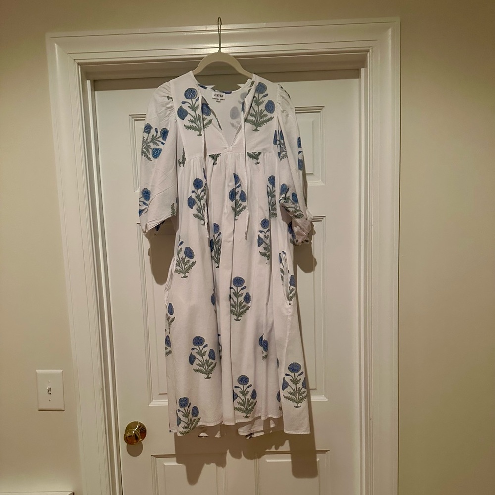 HAVEN brand white dress with floral block print; lined; has pockets; size small